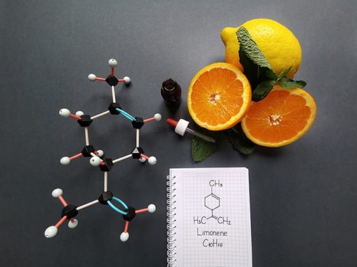 modele moleculaire representant une molecule de limonene presente dans l'huile essentielle de citron et d'orange, utilisée en parfumerie