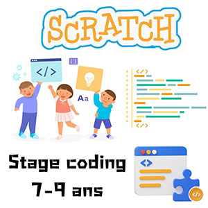 Image présentant un stage de vacances sur le thème du coding (programmation informatique) pour enfants de 7 à 9 ans.
