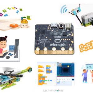 Image montrant les différents supports utilisés pour un stage de robotique et de programmation pour les enfants âgés de 7 à 9 ans.