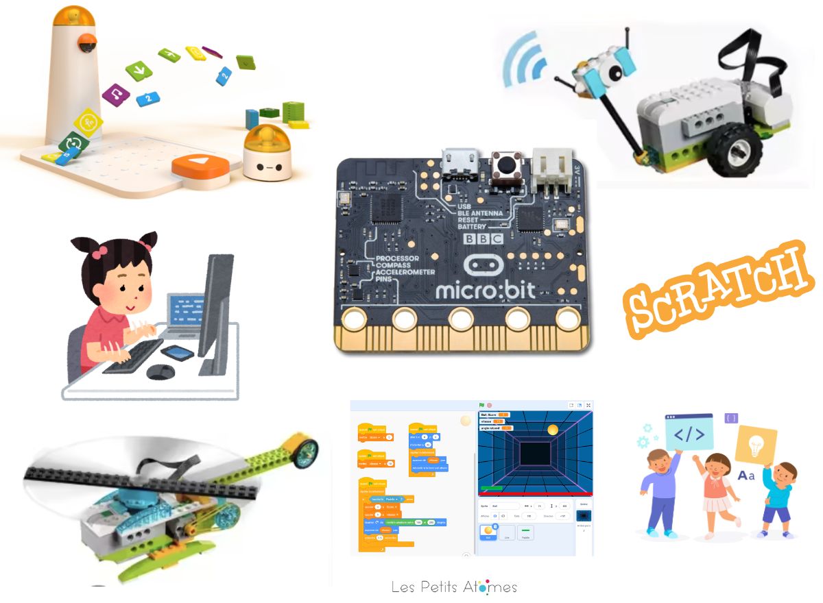 stage-robotique-coding-7-9 ans Image montrant les différents supports utilisés pour un stage de robotique et de programmation pour les enfants âgés de 7 à 9 ans.
