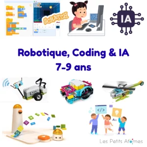 Visuel illustrant un stage de robotique, programmation et IA pour les enfants de 7 à 9 ans.