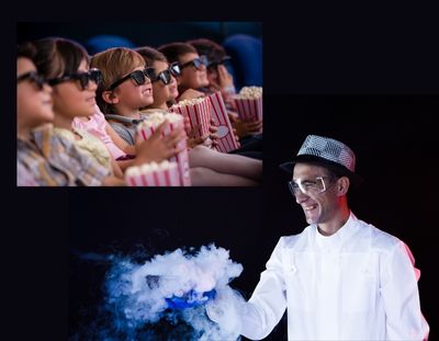 des enfants regardent un spectacle scientifique avec des animations spectaculaires